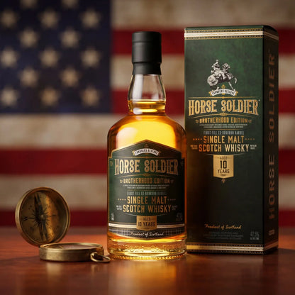 Wolfburn Horse Soldier Single Malt Scotch Whisky – 46% vol. 70cl with packaging and compass on a background of an American flag.