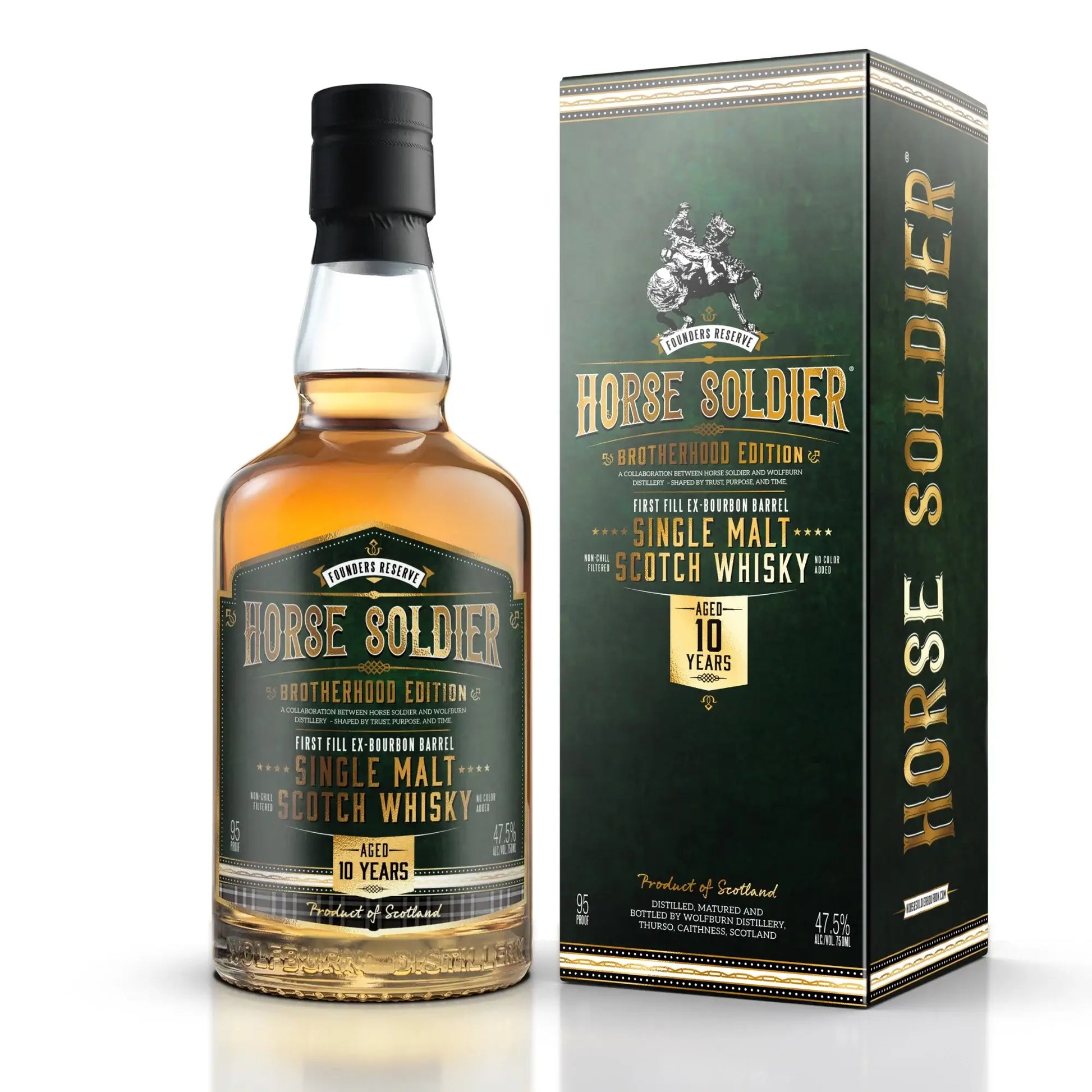 Wolfburn Horse Soldier Single Malt Scotch Whisky bottle and box, aged 10 years, Brotherhood Edition, 46% vol, 70cl.