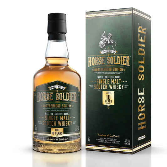 Wolfburn Horse Soldier Single Malt Scotch Whisky bottle and box, aged 10 years, Brotherhood Edition, 46% vol, 70cl.