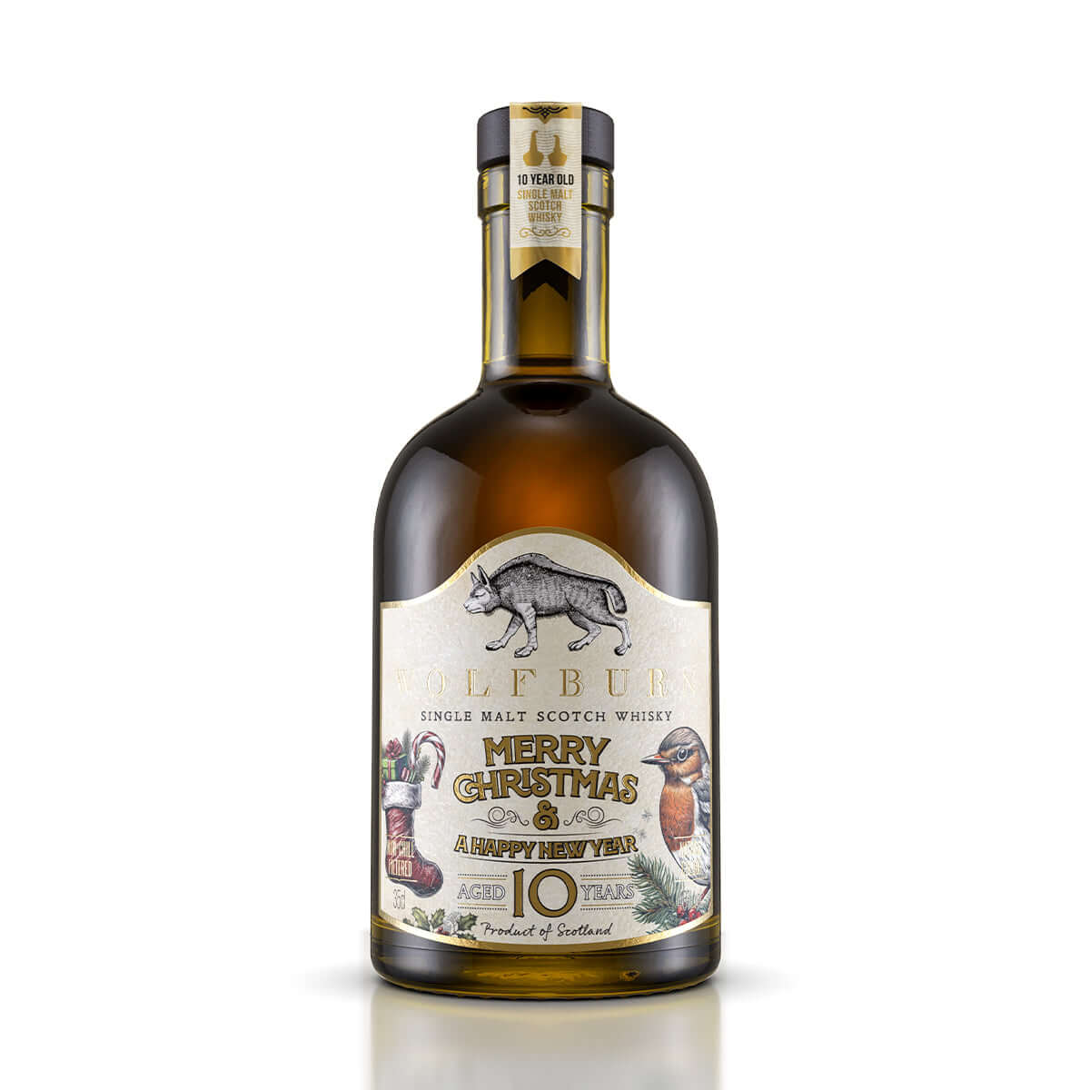 Wolfburn Christmas 10 Year Old Single Malt Scotch Whisky, limited release festive bottle on white background