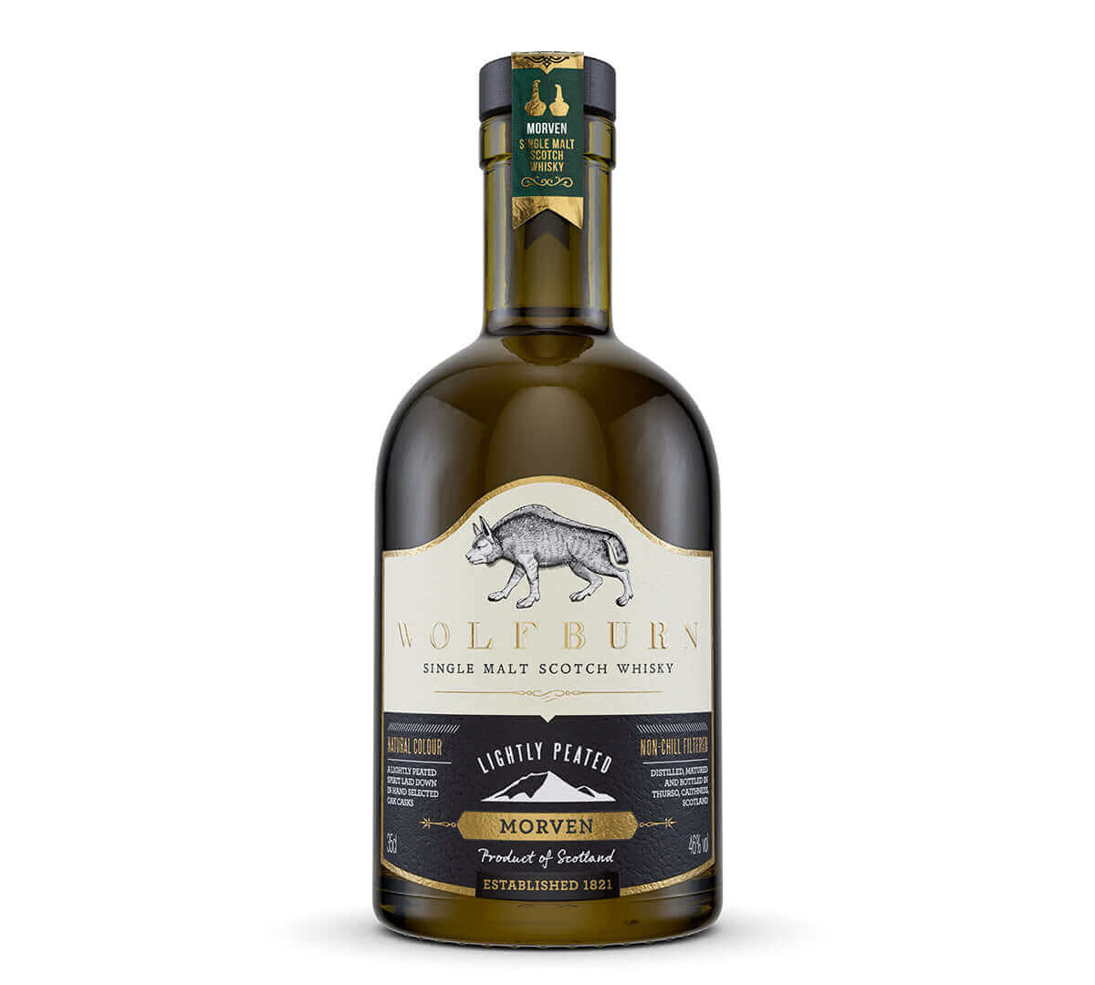 Wolfburn Cask Strength - 56.9% vol. 70cl Crafted from spirit matured in a combination of wonderfully sweet Oloroso sherry butts and ex-bourbon quarter casks it is a shade over seven years old. This hand-selected cask pairing has done an astonishing job of