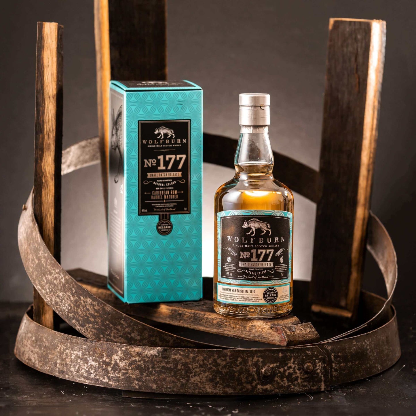 Wolfburn Small Batch 177 - 46% vol. 70cl Batch 177 has been crafted from a combination of spirit matured for eight years in first-fill ex-bourbon hogsheads, married with spirit matured for seven years in first-fill Caribbean rum barrels. The flavour of th