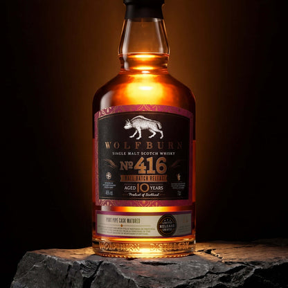 Wolfburn Small Batch 416 Single Malt Scotch Whisky bottle, 10 years aged, 46% vol, ruby port cask maturation.