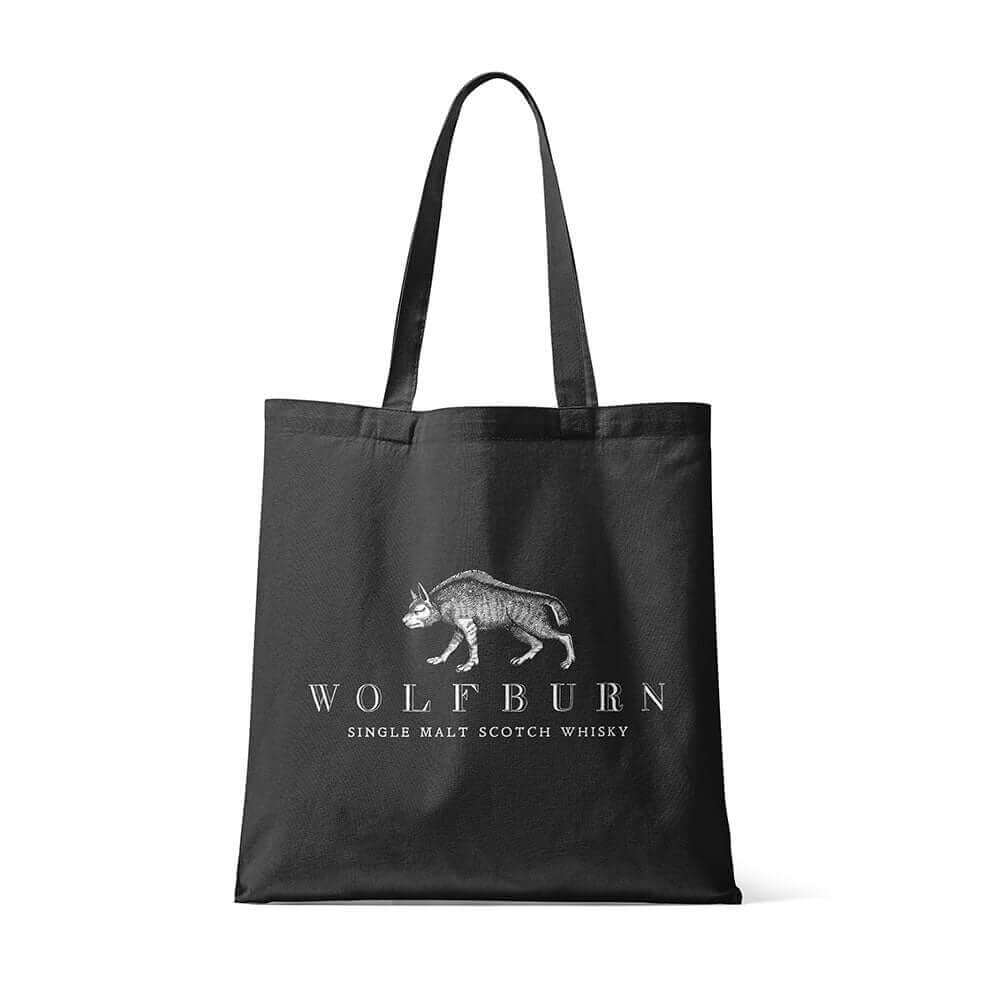 Wolfburn Tote bag - Black 100% Black cotton tote bag featuring the Wolfburn logo and Fortune Favours the Brave.