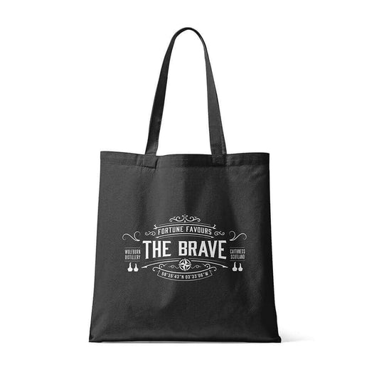 Wolfburn Tote bag - Black 100% Black cotton tote bag featuring the Wolfburn logo and Fortune Favours the Brave.