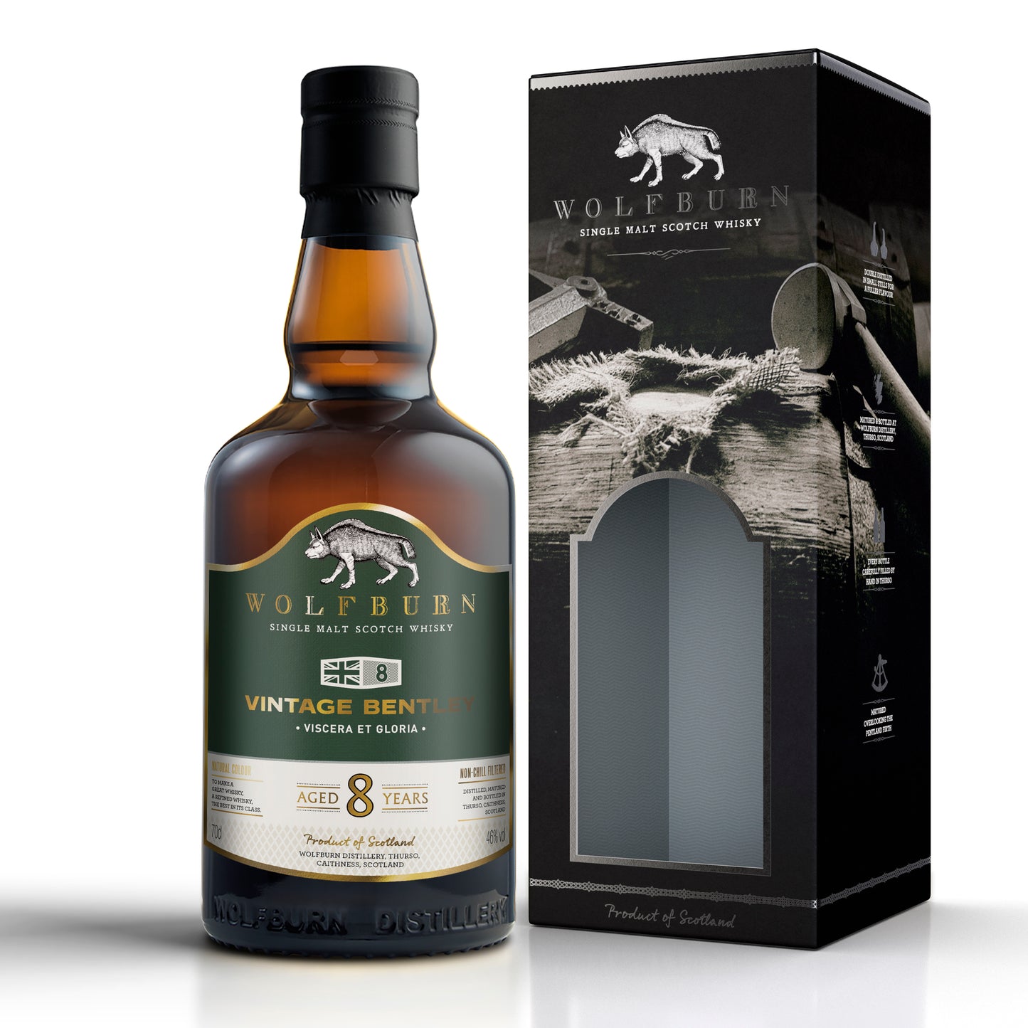 Wolfburn whisky Vintage Bentley bottle and packaging on a white background