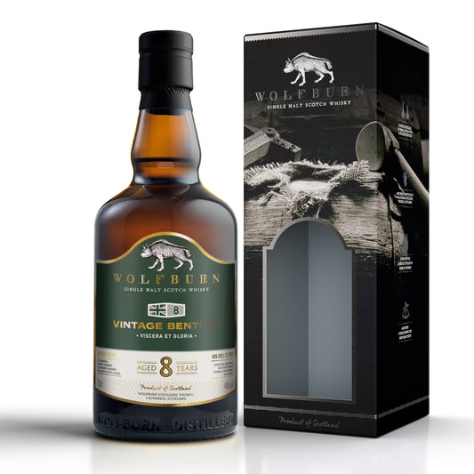 Wolfburn whisky Vintage Bentley bottle and packaging on a white background