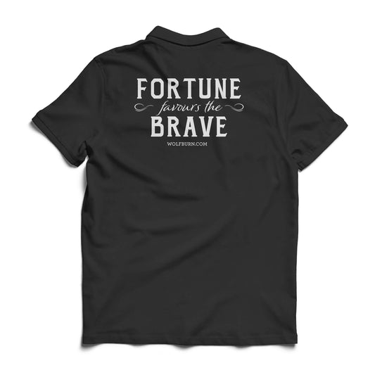 Wolfburn Polo shirt ‘Fortune Favours the Brave’ 100% cotton Polo shirt. Screen printed 'Wolfburn' logo on the chest and large Fortune Favours the Brave on the back.