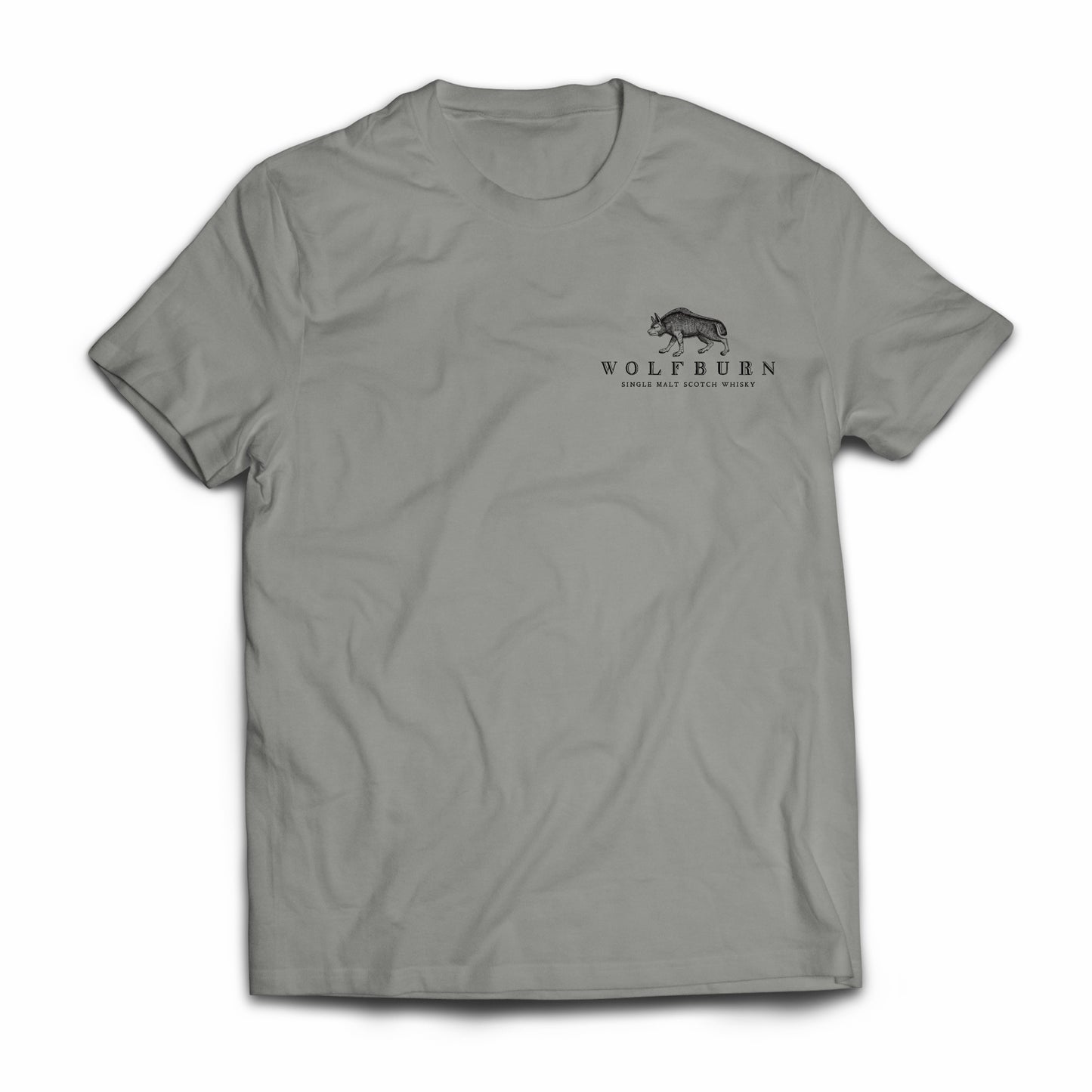 Grey cotton t-shirt with 'Fiercely Independent Single Malt Scotch Whisky' printed on the back, featuring Wolfburn logo.