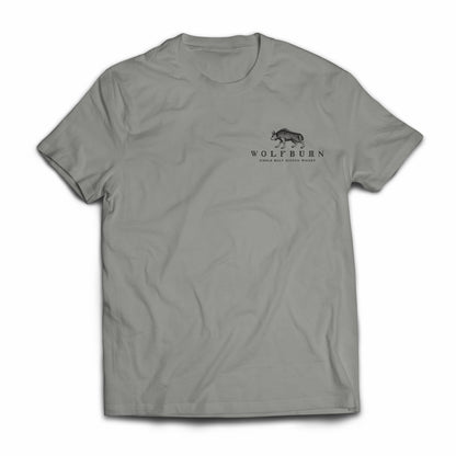 Grey cotton t-shirt with 'Fiercely Independent Single Malt Scotch Whisky' printed on the back, featuring Wolfburn logo.