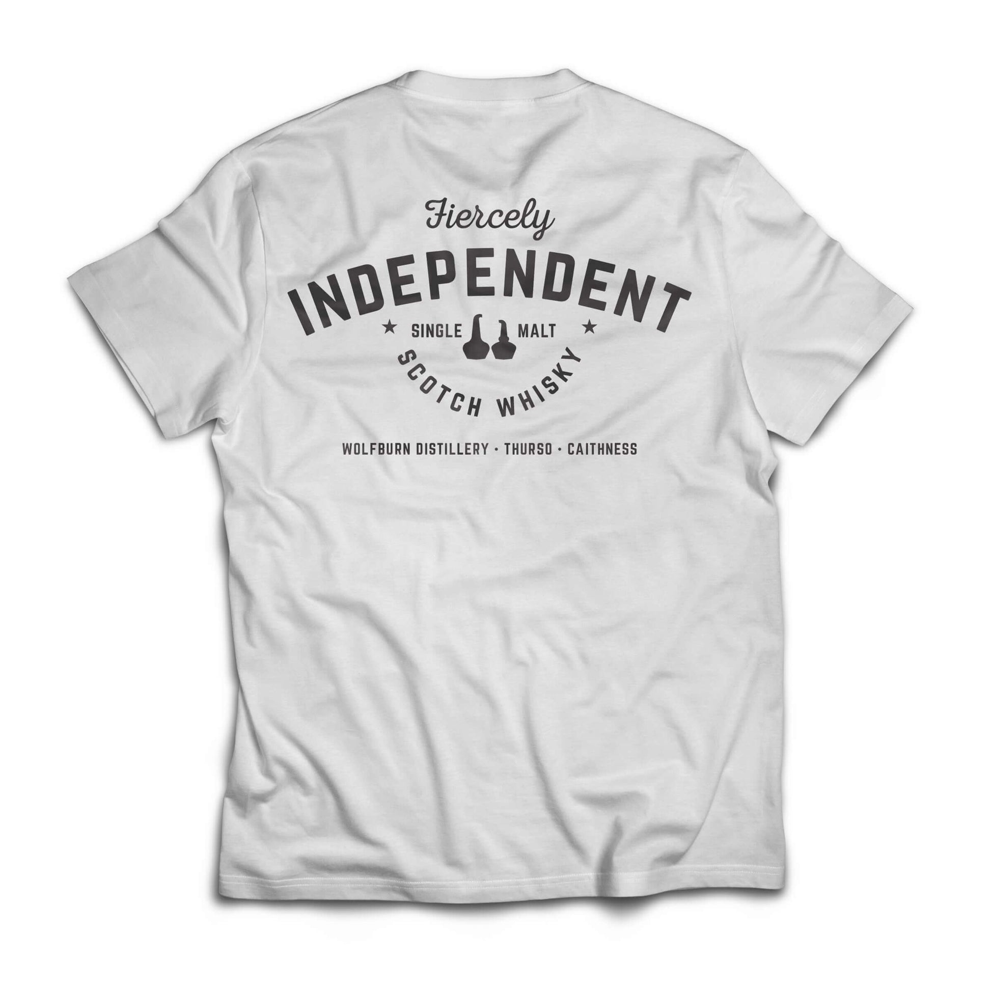 White cotton t-shirt with 'Fiercely Independent Single Malt Scotch Whisky' printed on the back, featuring Wolfburn logo.