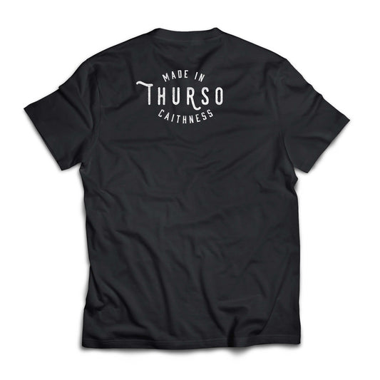 Wolfburn T-shirt 'Made in Thurso' Black 100% cotton t-shirt. Screen printed 'Wolfburn' logo on the chest and large Made in Thurso on the back.