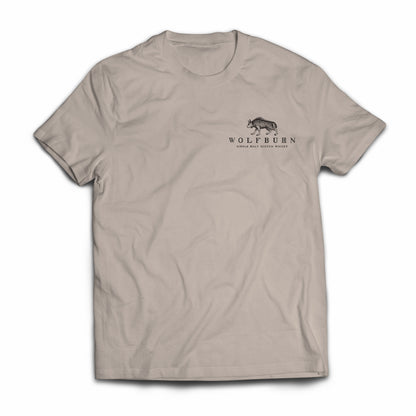 Bone cotton t-shirt with 'Wolfburn Since 1821' printed on the back, featuring Wolfburn logo.