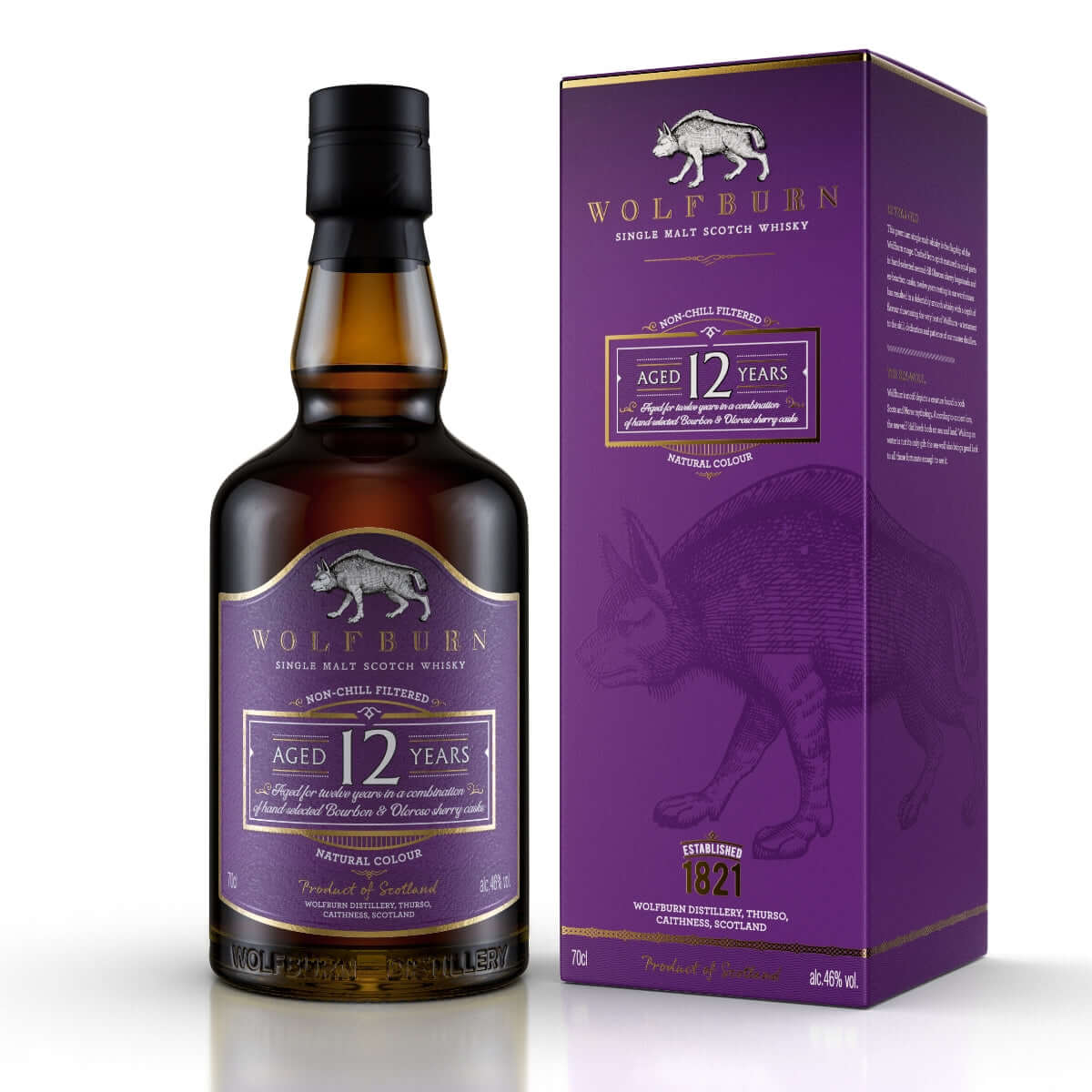 A bottle of Wolfburn 12-year-old single malt Scotch whisky stands beside a matching purple box. Both feature SeaWolf logo, conveying elegance.