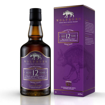 12 Year Old Single Malt Scotch Whisky bottle and packaging from Wolfburn, 46% vol, 70cl, aged twelve years for smooth flavor.