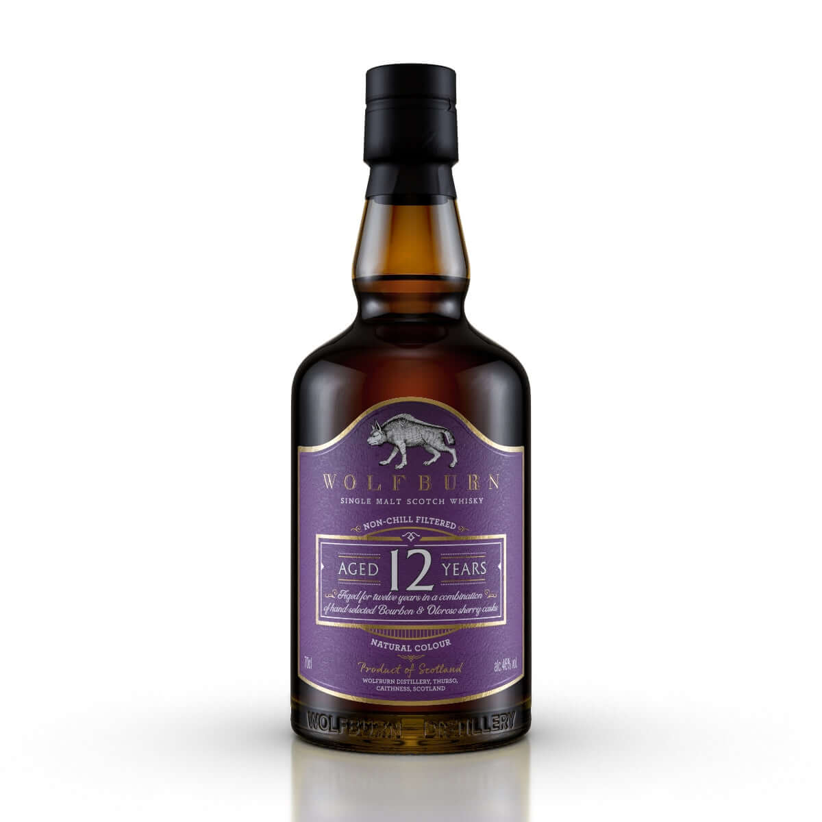 A brown glass bottle of Wolfburn Single Malt Scotch Whisky, aged 12 years. The label is purple with silver text and a wolf logo, conveying elegance.