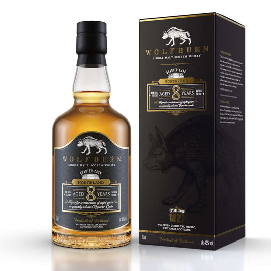 Wolfburn 8 Year Old Northland single malt whisky – smooth, warming dram matured in American oak quarter casks for rich flavour.