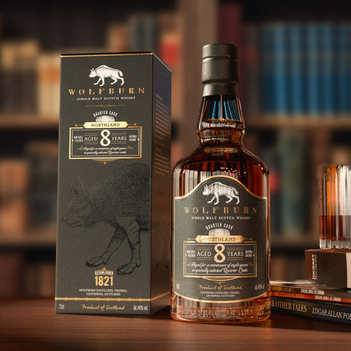Wolfburn 8 Year Old Northland single malt whisky – smooth, warming dram matured in American oak quarter casks for rich flavour.
