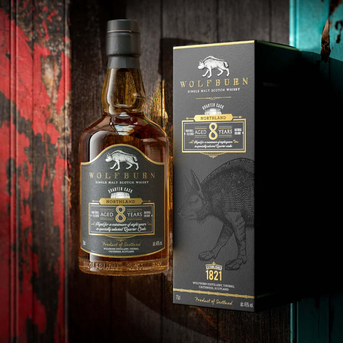 Wolfburn 8 Year Old Northland single malt whisky – smooth, warming dram matured in American oak quarter casks for rich flavour.