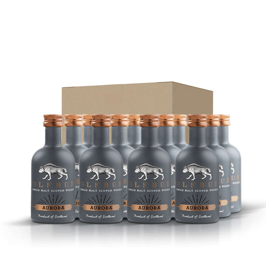 Wolfburn Miniature Quad Pack – 3 x 46% vol. and 1 x 58% vol. 5cl These four conveniently-sized 5cl bottles are a perfect gift for someone special. Or for yourself as a tasting treat, featuring the four core expressions of Wolfburn.
