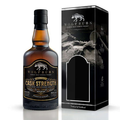 Cask Strength Single Malt Whisky bottle and box with branding from Wolfburn, showcasing premium Scottish whisky.