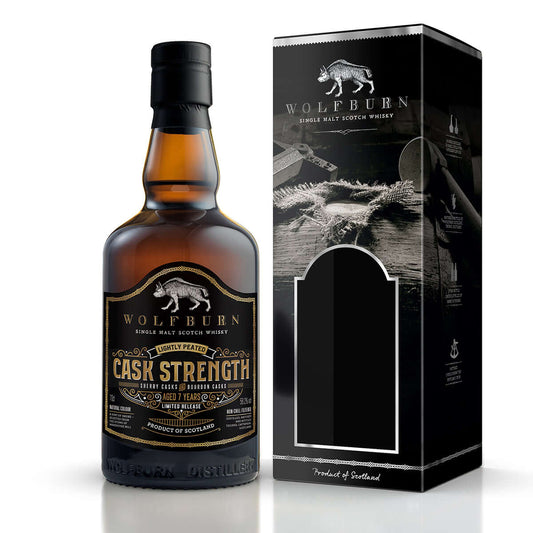 Cask Strength Single Malt Whisky bottle and box with branding from Wolfburn, showcasing premium Scottish whisky.