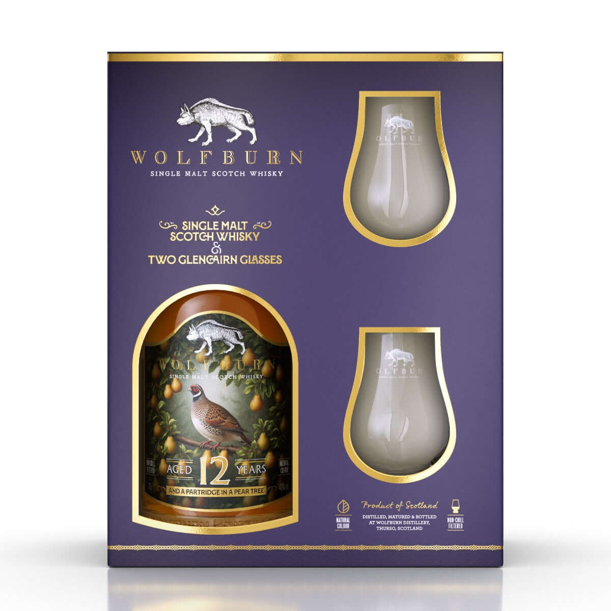 Wolfburn Christmas Gift Pack Single Malt Whisky with two Glencairn glasses on a white background