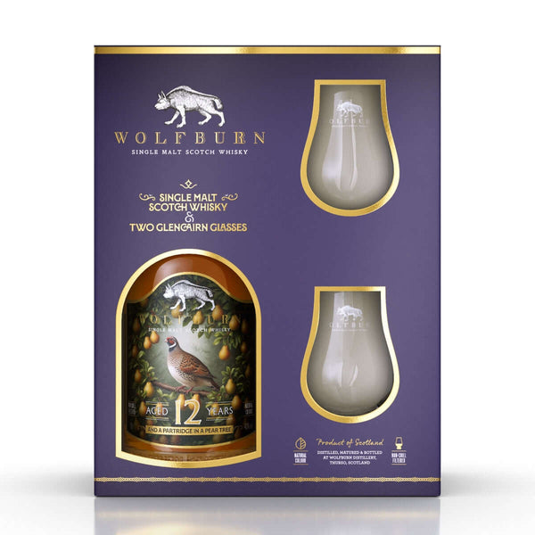 Wolfburn Christmas Gift Pack Single Malt Whisky with two Glencairn glasses on a white background