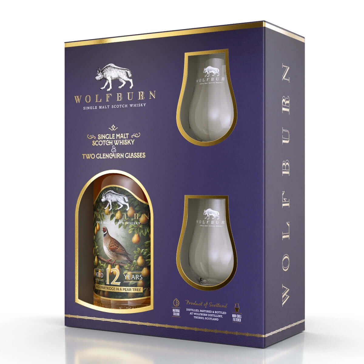 Wolfburn whisky Christmas packaging with two Glencairn glasses on a white background