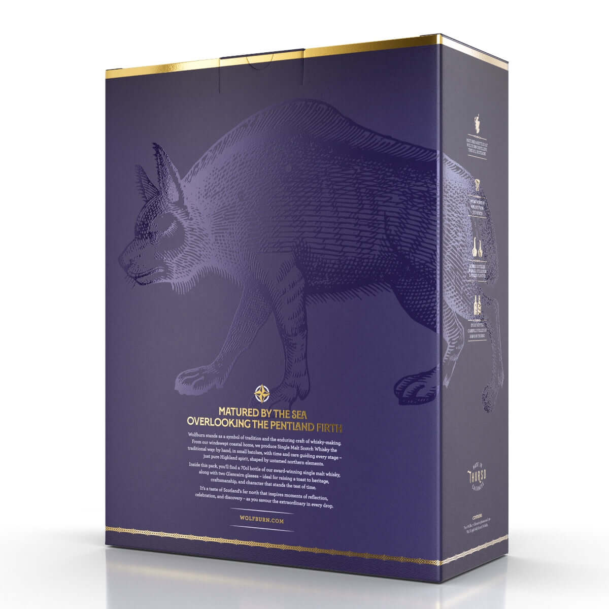 Luxury Whisky packaging box with a Wolf illustration and text on a white background