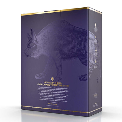 Luxury Whisky packaging box with a Wolf illustration and text on a white background