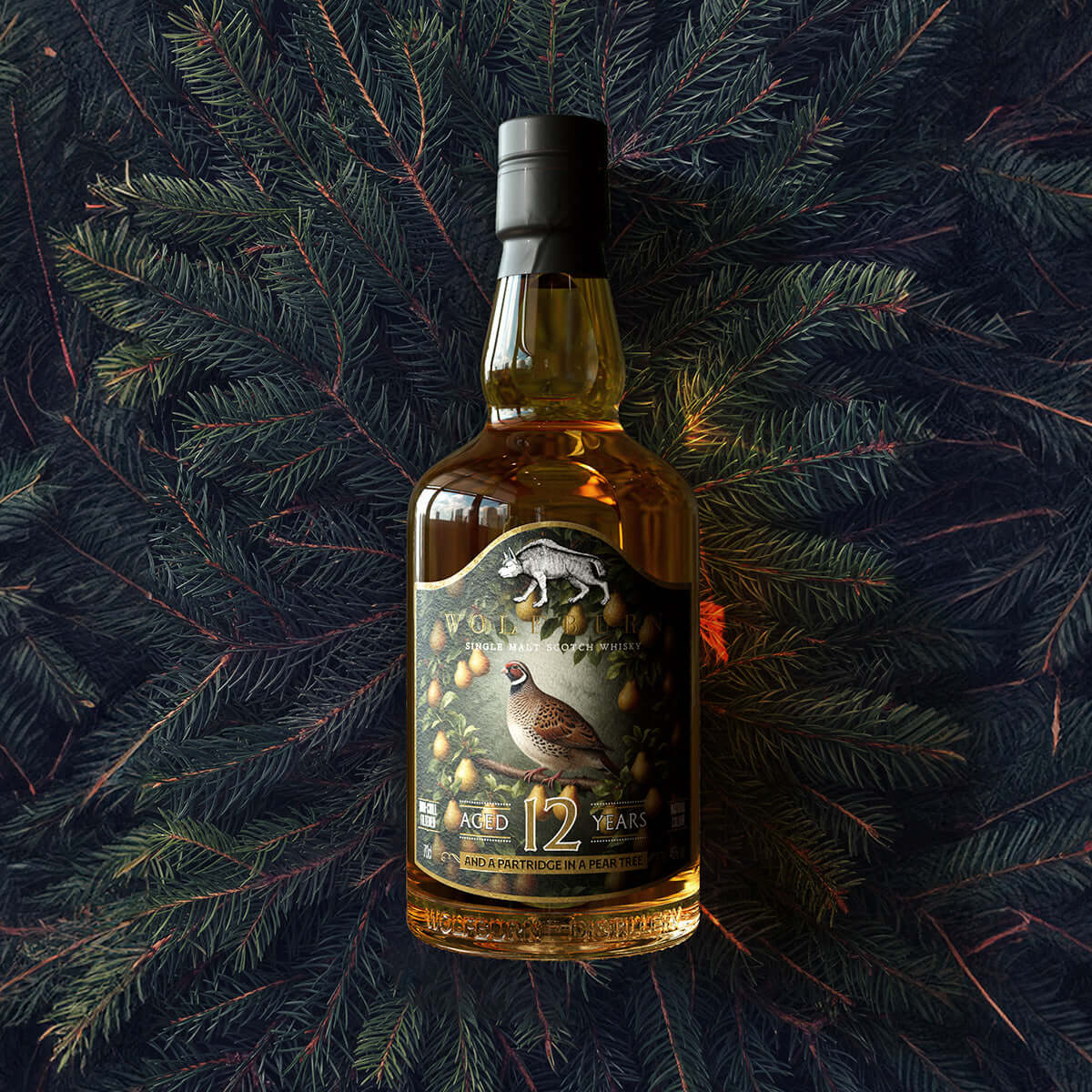 Bottle of whisky with a label featuring a partridge design on a dark background with pine branches.