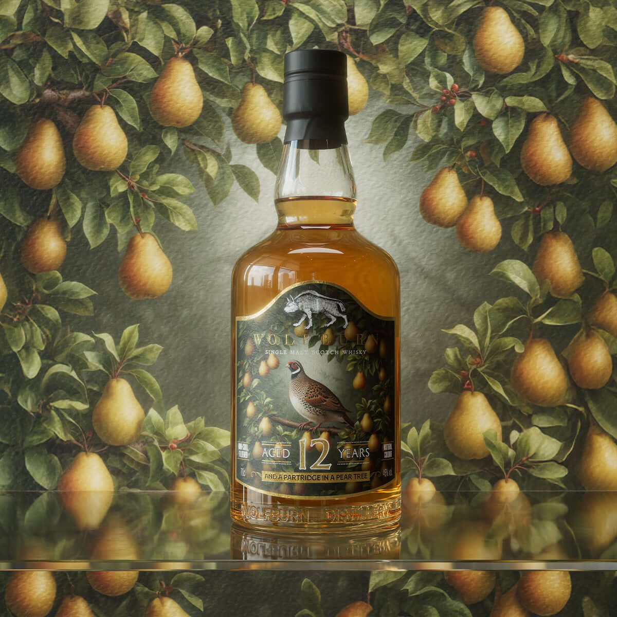 Christmas Whisky bottle with pear tree background