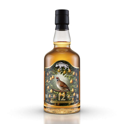 "Partridge in a Pear Tree" Christmas Single Malt Whisky bottle with a detailed label on a white background