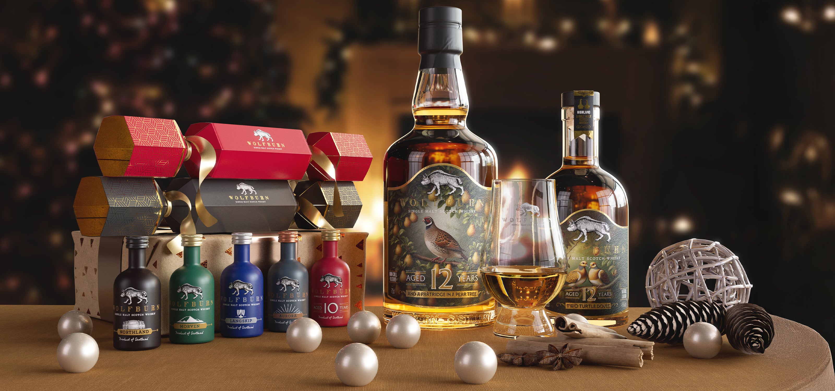 Collection of Whisky and a glass on a table with decorative elements, for a festive or Christmas setting.
