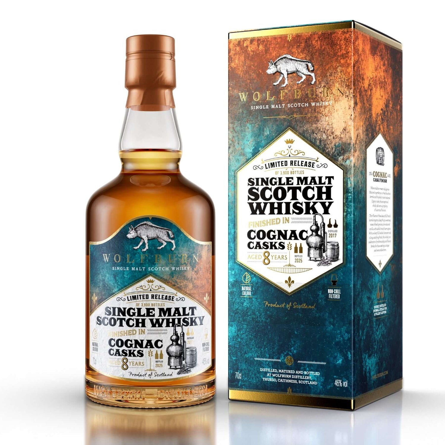 Wolfburn Cognac Cask Finish single malt scotch whisky bottle and carton on white background