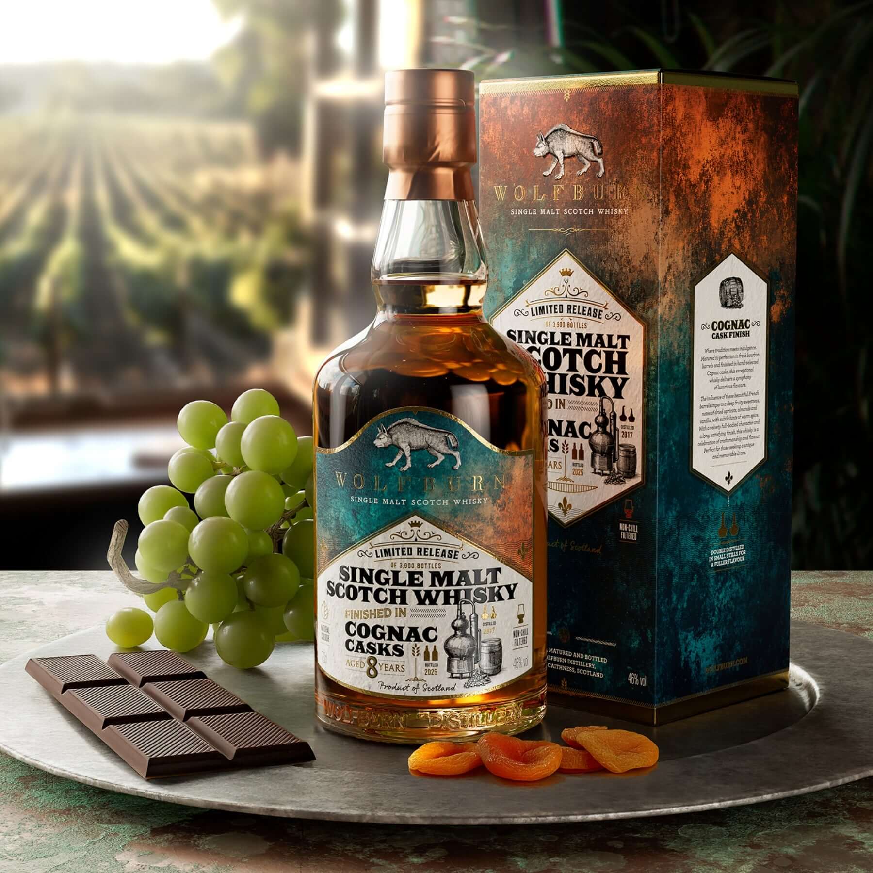 Wolfburn Cognac Cask Finished tasting image with grapes, apricots and chocolate