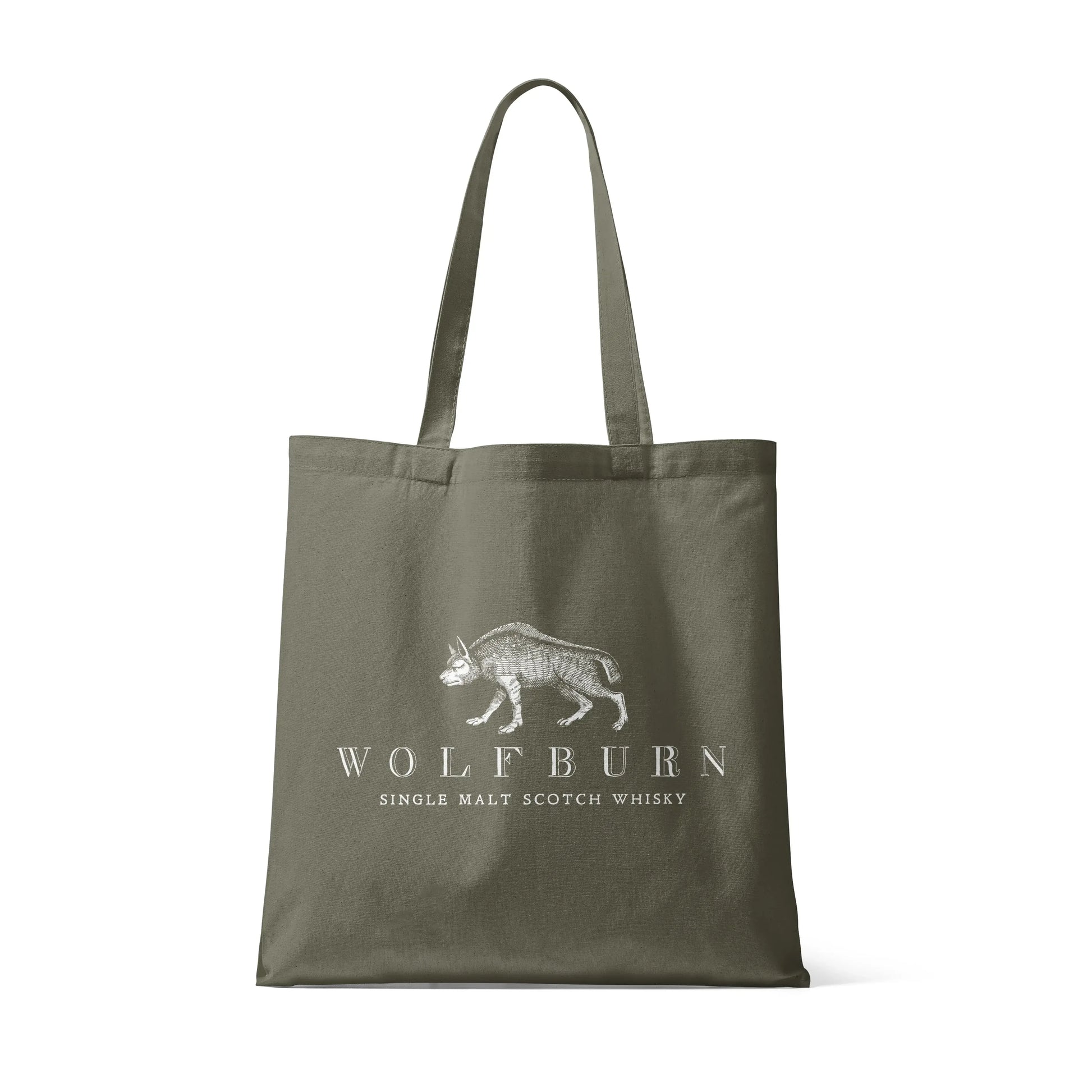 Wolfburn Olive cotton tote shopping bag featuring Seawolf design on olive canvas with text Wolfburn Single Malt Scotch Whisky.