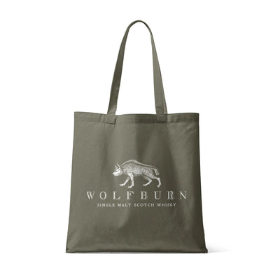 Wolfburn Olive cotton tote shopping bag featuring Seawolf design on olive canvas with text Wolfburn Single Malt Scotch Whisky.