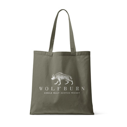 Wolfburn Olive cotton tote shopping bag featuring Seawolf design on olive canvas with text Wolfburn Single Malt Scotch Whisky.