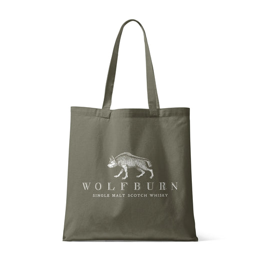 Wolfburn Olive cotton tote shopping bag featuring Seawolf design on olive canvas with text Wolfburn Single Malt Scotch Whisky.