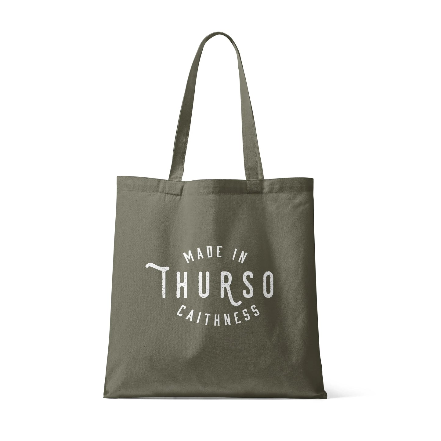 Wolfburn Olive cotton tote shopping bag featuring 'Made in Thurso, Caithness' design.