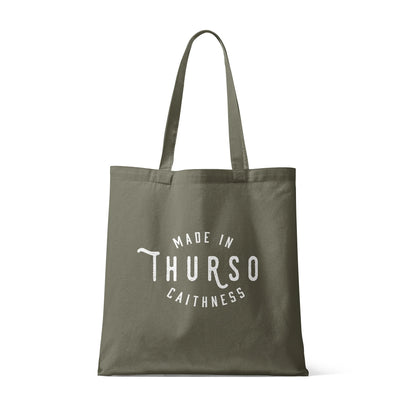Wolfburn Olive cotton tote shopping bag featuring 'Made in Thurso, Caithness' design.