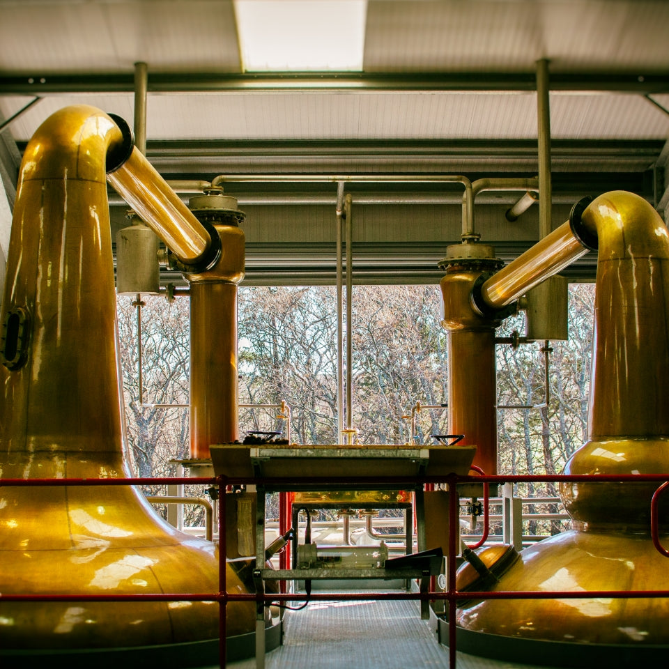 Large copper stills in a distillery with trees visible through windows.