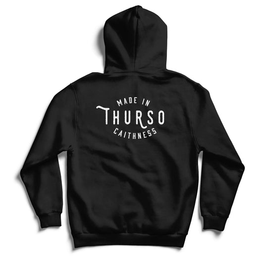 Black hoodie with "Made in Thurso Caithness" printed on the back, featuring a hood and long sleeves.