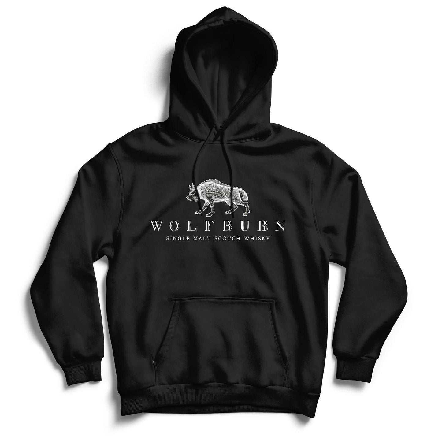 Black hoodie with 'Wolfburn' logo on chest, featuring single malt Scotch whisky branding, made in Thurso.