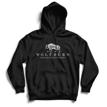 Black hoodie with 'Wolfburn' logo on chest, featuring single malt Scotch whisky branding, made in Thurso.