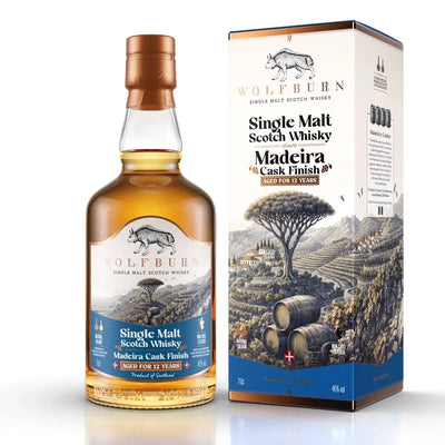 Wolfburn 12 Year Old Madeira Cask Finish single malt Scotch whisky bottle and carton
