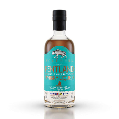 Pentland Single Malt Scotch Whisky Liqueur bottle with distinct label and design from Wolfburn Distillery.