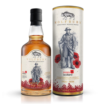 Wolfburn Poppyscotland 12 Year Old limited edition single malt Scotch whisky bottle and tube